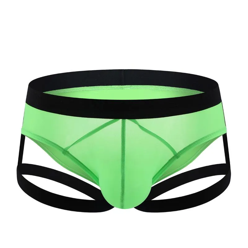 Cuecas sexy homens de seda gelo cuecas bulge pênis bolsa calcinha perna anel cintas com cinto de arnês lingerie masculina hombre184w