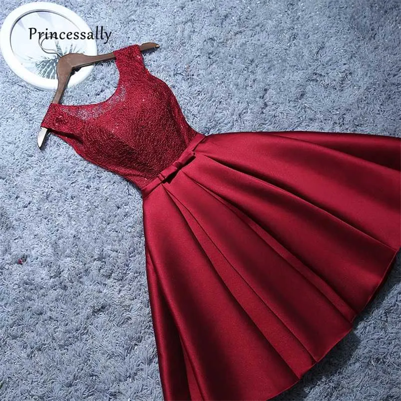 Short Evening Dress Satin Lace Wine Red Grey A-line Bride Party Formal Homecoming Graduation es Robe De Soiree 211101
