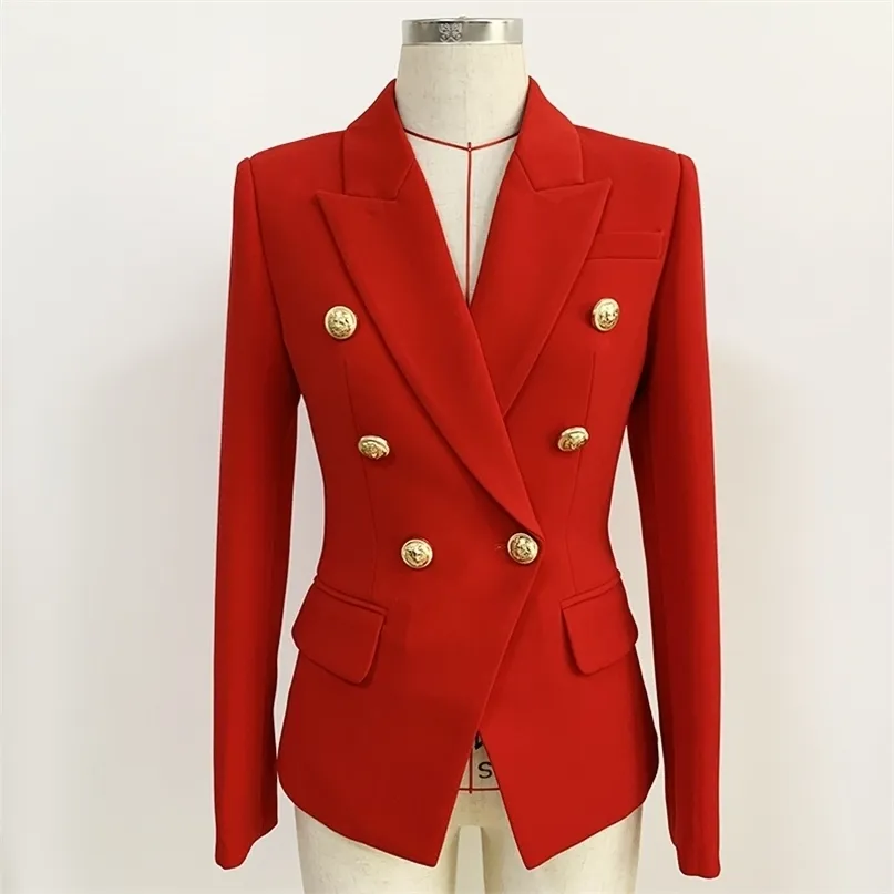 HIGH QUANLITY es Classic Designer Blazer Women's Slim Fitting Metal Lion Buttons Double Breasted Jacket Red S-5XL 211122