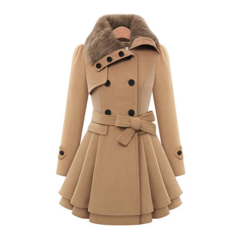 Woolen Coat Dubbelbröst Lapel Long Coat Kvinna Tjockad Höst Vinter Slim Bälte Pläterad Trench Coats Lady Fur Collar PeaCeat