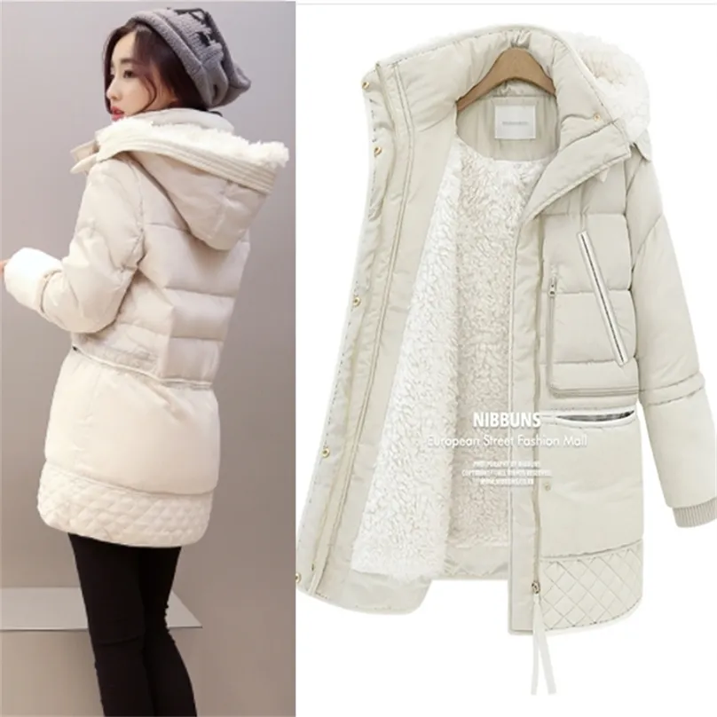 Vrouwen Winter Plus Size 3XL Hooded Solid Color Lambswol Dikke gevoerde jassen Warme Mid Lengte Jassen Parka Veste Femme MZ1911 211216
