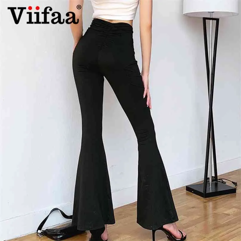 Viifaa noir solide taille haute Skinny Flare pantalon femmes froncé dos Slim Fit Femme printemps extensible pantalon 210925