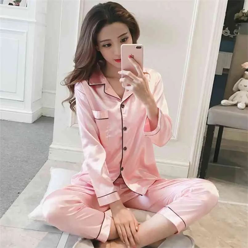 Pyjama en satin pour femmes Ensemble à manches longues et boutonné Vêtements de nuit Loungewear M-5XL 210809