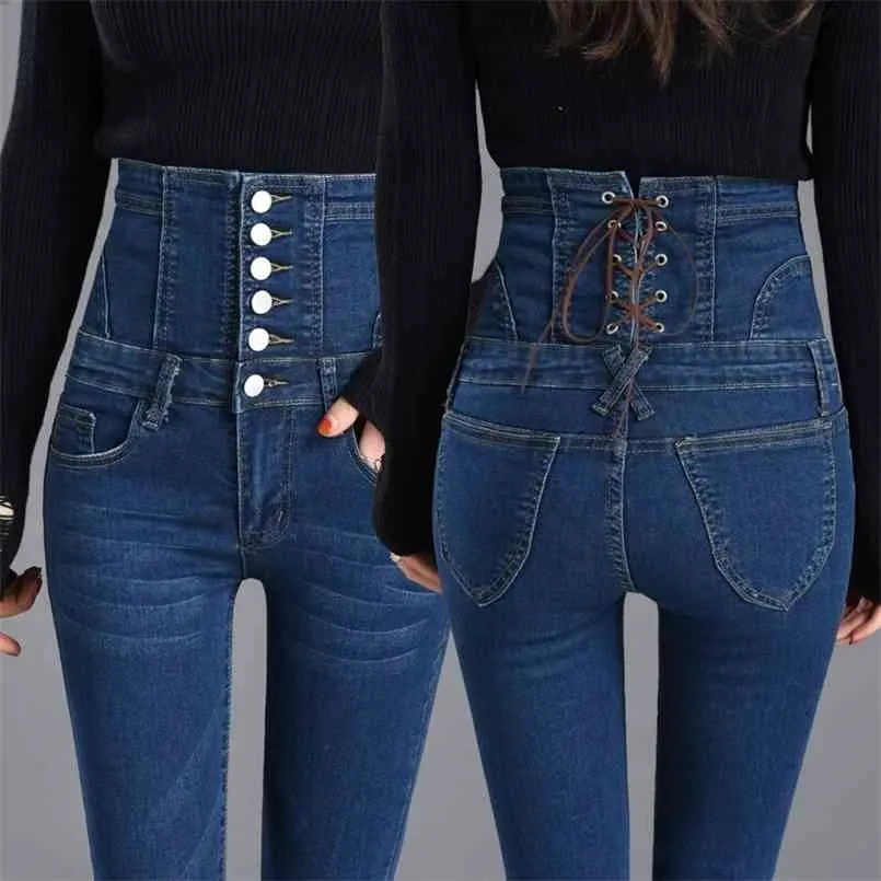 Wysoka talia muszka brzuch dolny jean przyciski Skinny femme spodnie Slim Streetwear Ołówek Dżinsowy spodnie 210809