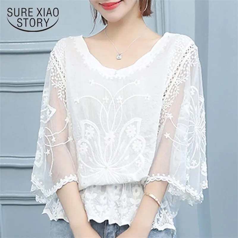 Summer Lace White Manches courtes Femmes Blouse Plus Taille Femmes Tops Batwing Manches Chemises Femmes Tops et Blouses 4478 50 210527