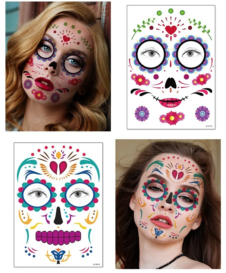 Ny Vattentät svett Halloween Party Supplies Masquerade Rolig Makeup Tillfälligt Klistermärke Face Tattoo Stickers