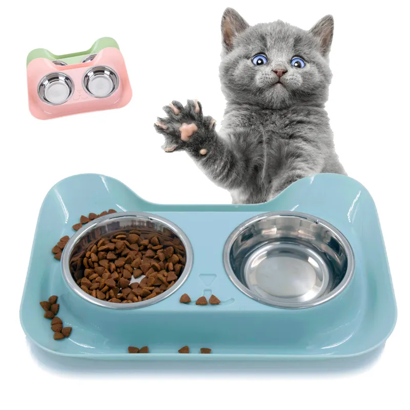 Double Dog Bowls for Pet Puppy Stainless Steel Food Water Non Spill Feeder Pet Cats Feeding Dishes Dogs Drink Bowl for pet cat