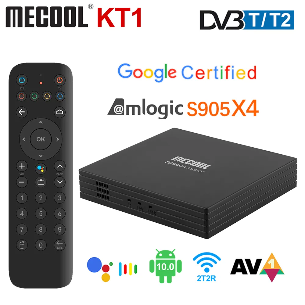 Mecool KT1 TV Box Android 10 Google Google-gecertificeerd DVB-T / T2 AMLOGIC S905X4 AV1 4K 2T2R DUAL WIFI BT Media Player Set Top-box