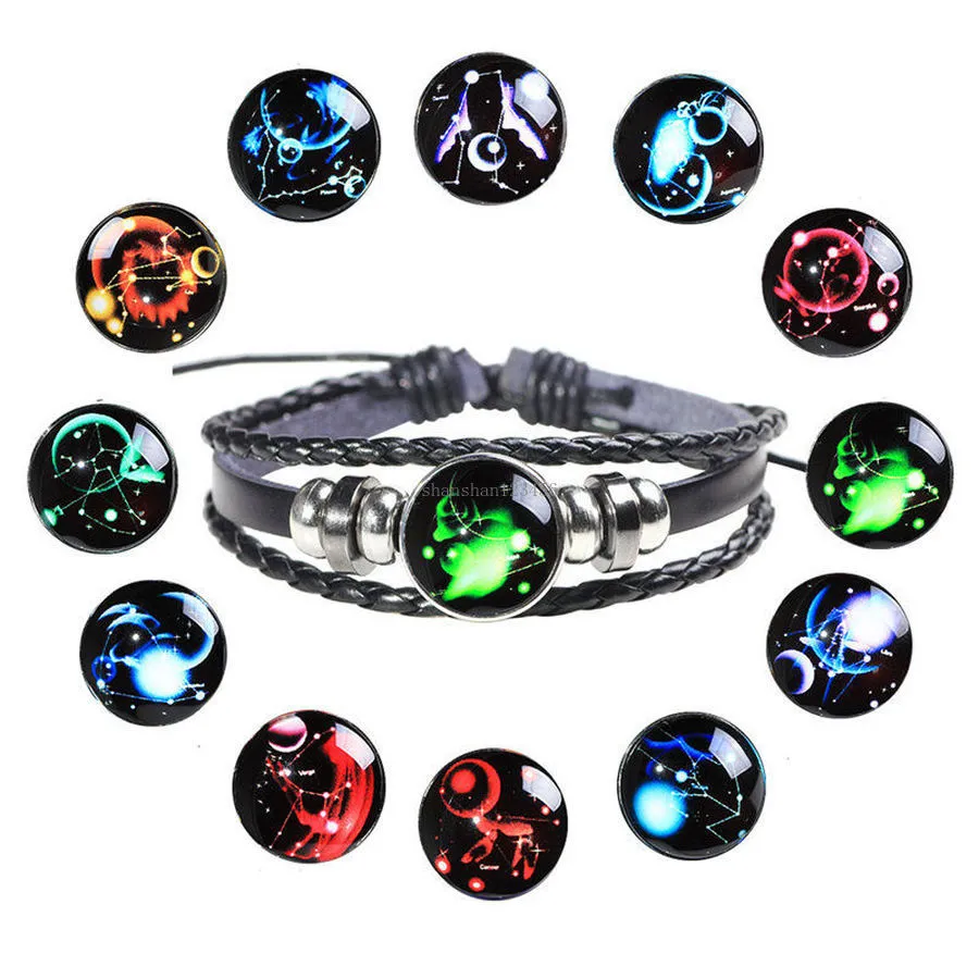 12 Constell Charm Glass Cabochon Armband Bangle Cuff Justerbar flerskiktsarmband Fashion Jewelry for Women Kids Drop Ship