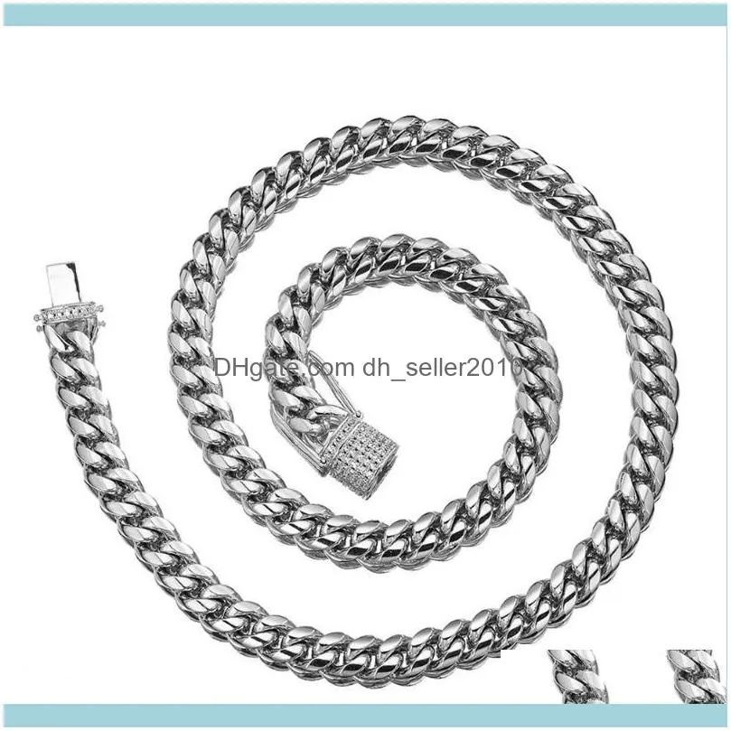 12mm Wide 7-40inch Men`s 316L Stainless Steel Curb Cuban Link Chain Necklace & Bracelet Jewelry With Rhinestone Button Chains