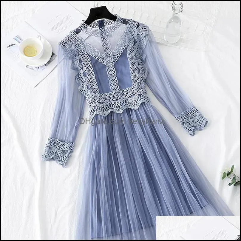 Casual Dresses 2021 Arrivals Lace Flower Dress Women Gauze Long Sleeve Voile Female Sweet Princess Pleated 2 Piece Set