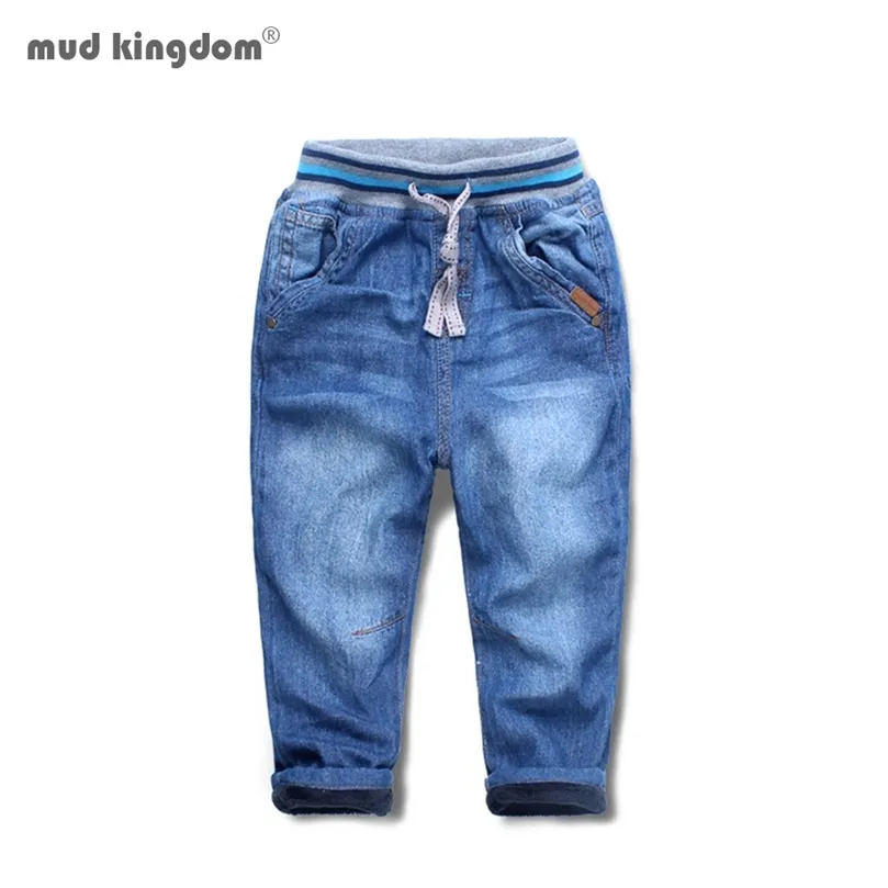 Mudkingdom Kids Jeans DrawString Брюки осень зима флис теплые джинсовые повседневные брюки для мальчиков Slim мода одежда 211102