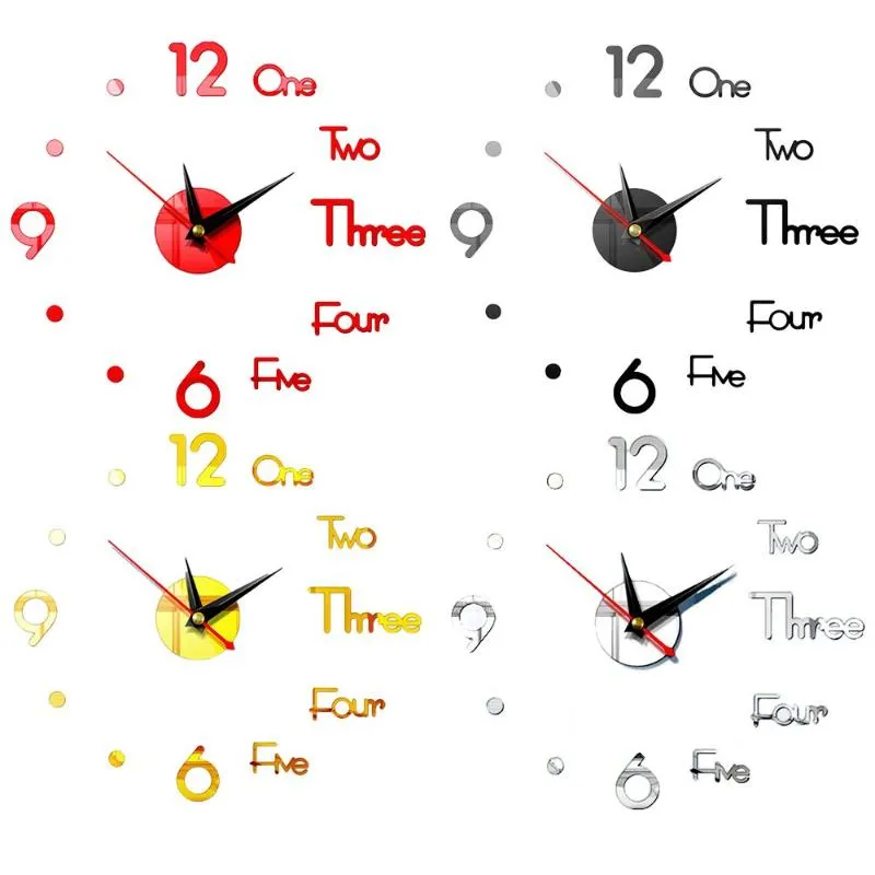 ウォールクロックDIYモダンスタイルリビングルームベッドルーム3Dクロックミラーサーフェスステッカーサイレントクォーツベル自己粘着デカール