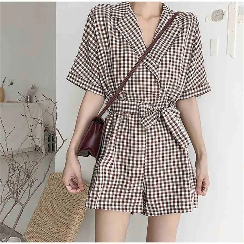 Femmes Géométriques PlaySuits Arrivée Plaid Lacets Loose Lâche élégante Summer Summer Sweet Femelle 210525