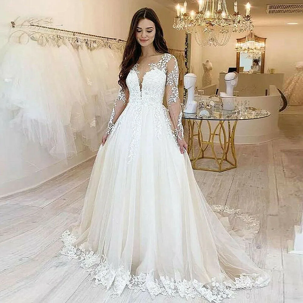 Robes de mariée en dentelle une ligne Appliques manches longues Tulle robes de mariée Vintage 328 328