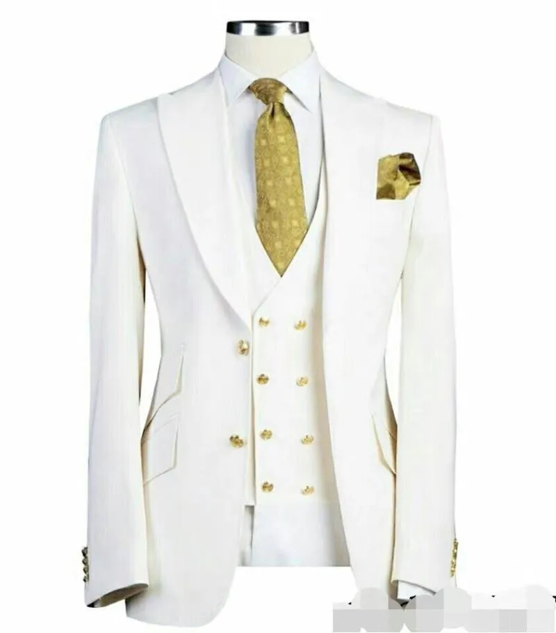 Herenpakken Blazers Custom Made White Pak Mannen Set Bruidegom Man Gold Button Jacket Diner Prom Bruiloft Tuxedo Business Blazer VacCoat Broek