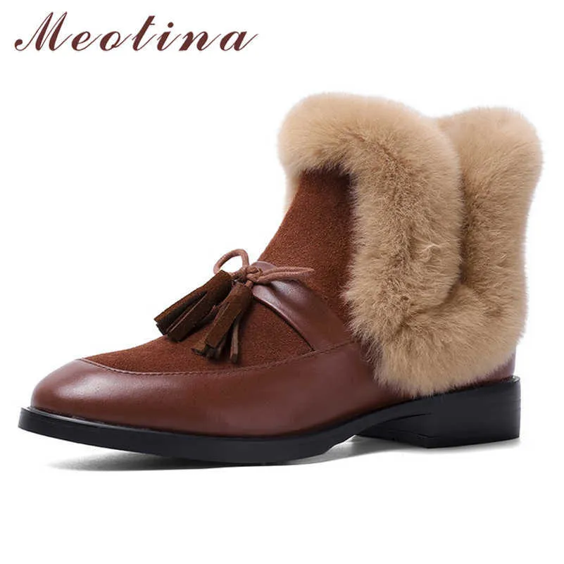 Meotina Real Leather Med Heel Ankle Boots Woman Shoes Block Heel Short Boots Bow Rabbit Fur Ladies Shoes Autumn Winter Brown 40 210608