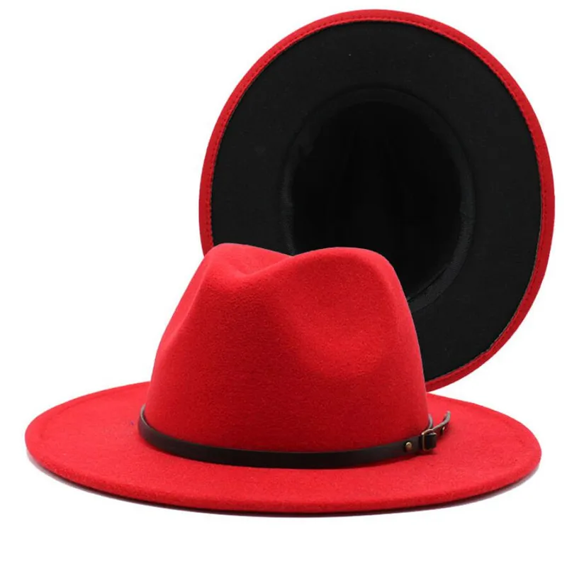 Fedora hatt kvinnor män breda rand hattar man kvinna jazz panama cap mode svart röd lapptäcke höst vinter kepsar mens tjej gåva grossist
