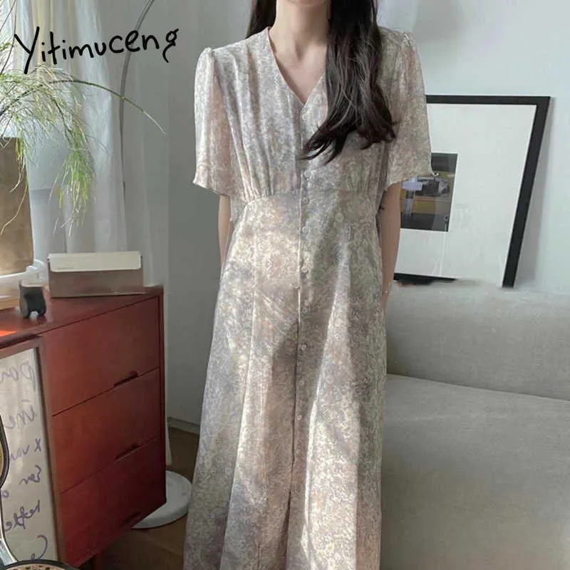 Yitimuceng Lange Kleider für Frauen Sommer Boho Blumendruck Chiffon Oversize Koreanische Mode Midi Kleid Gelb Beige Grau 210601