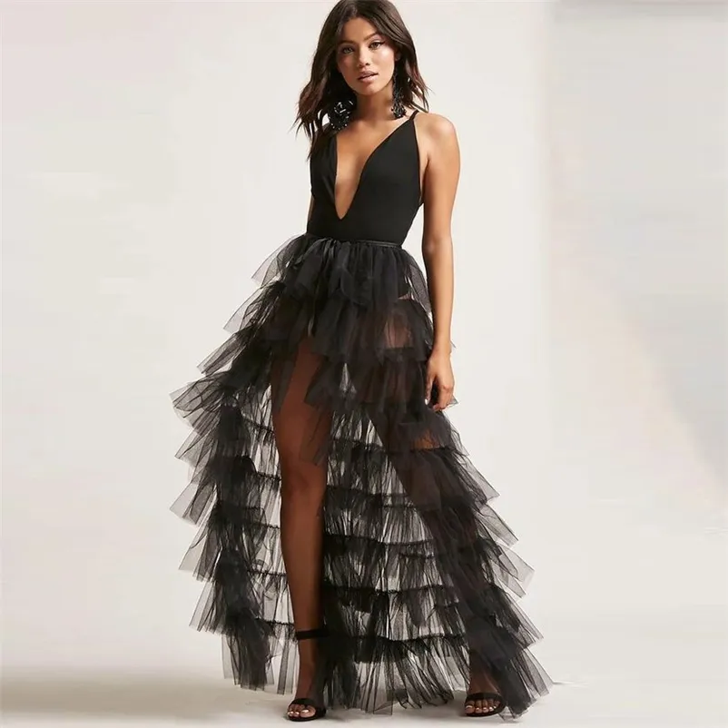 Moda Black Tiered Tulle Saia Tutu Long Sheer Mulheres Overskirt Cintura Alta Ruffled Malha Maxi Saia Destacável Sobreposição Barato 210311