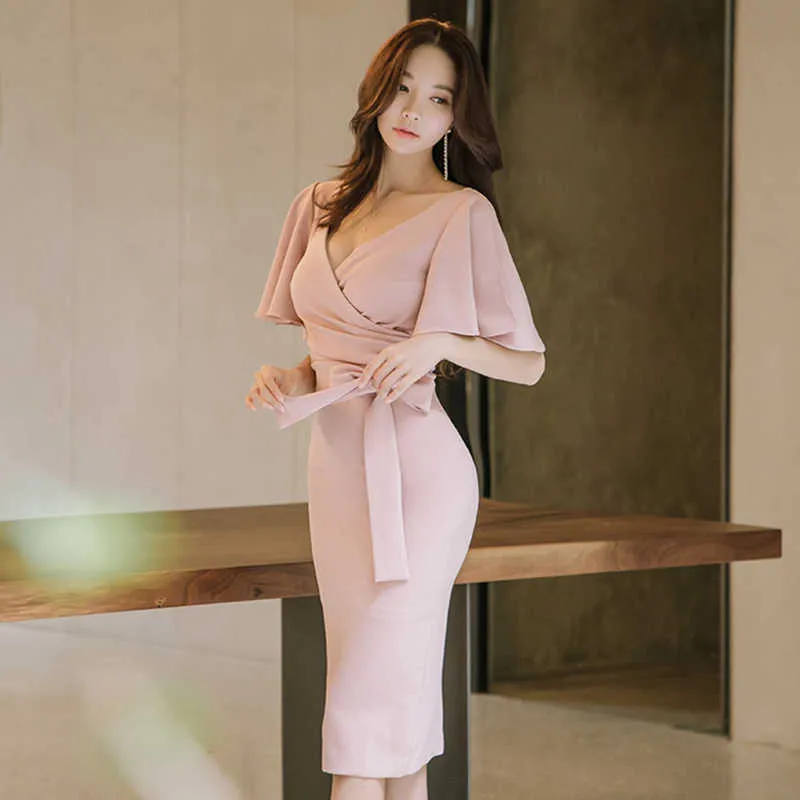 Pink Bodycon Knee-Length Bamboo Fiber Dress with V-Neck and Petal Half  Sleeves for Summer Office and Party Wear from Dhgate Basic & Casual Dresses  - price 53.75