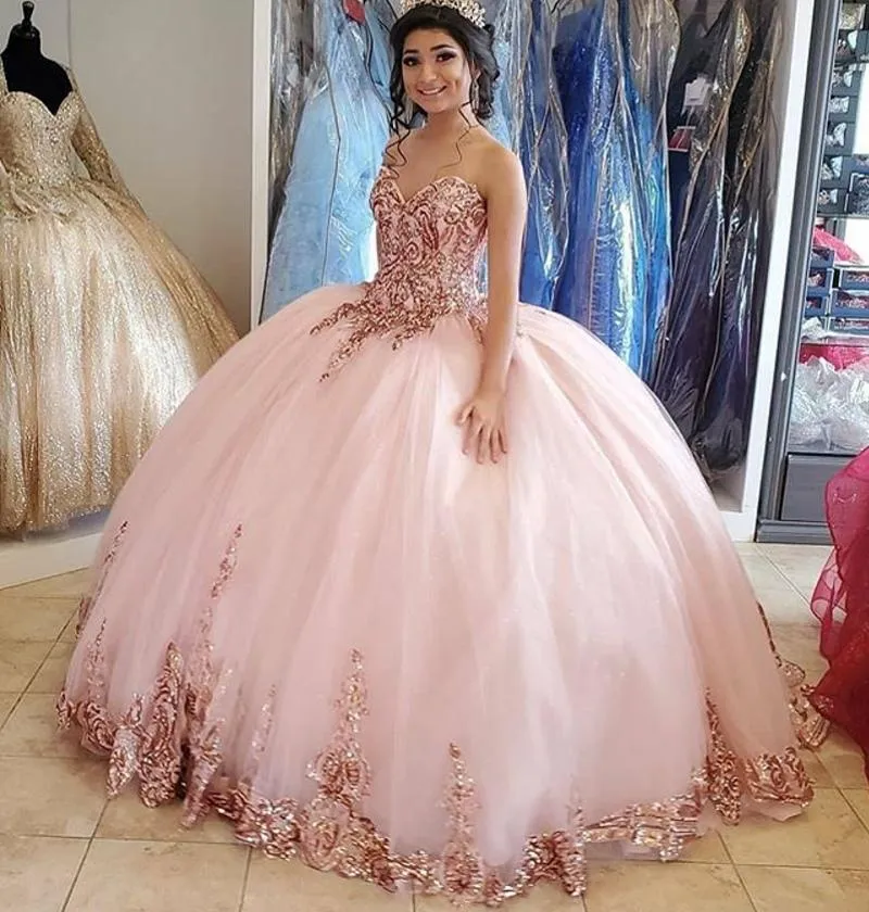 Rose Gold Pink Sequined Elegent Quinceanera Dresses Ball Gown Sweetheart Sleeveless Plus Size Sequines Lace Formal Party Prom Evening Gowns