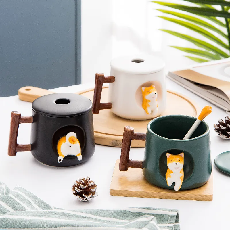 Creative Cute Handmade Shiba Inu Mug With Lid Spoon Ceramic Dog Mugs Personalized Cup For Coffee Tea Kitchen Tableware Love Gift L0309