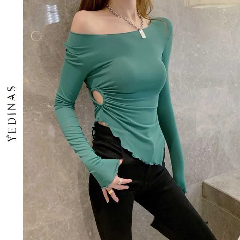 Yedinas Sexy OffショルダーロングスリーブTシャツ女性中空アウトhypotenuseデザインティーシャツ不規則な穴韓国のスリムトップ210527