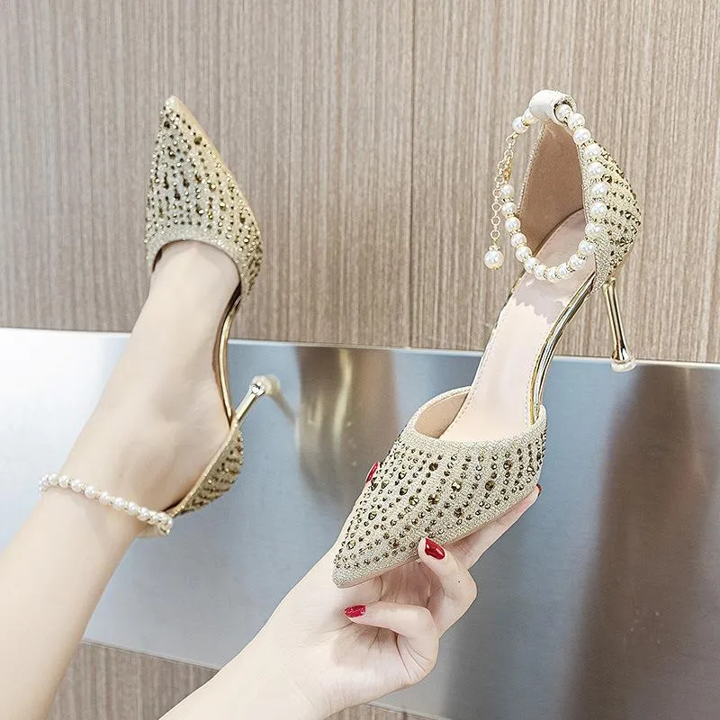 Sandaler Clear Heels Buckle Fashion Womens Shoes 2021 High Female Luxury High-Heeled Beige Strap Velvet Stiletto Comfort Elastic