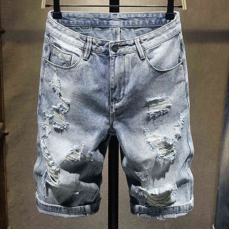summer Men Light blue vintage wash Distressed Ripped Hole Denim Short hip hop Streetwear Straight biker jeans short Plus Size 38 H1210