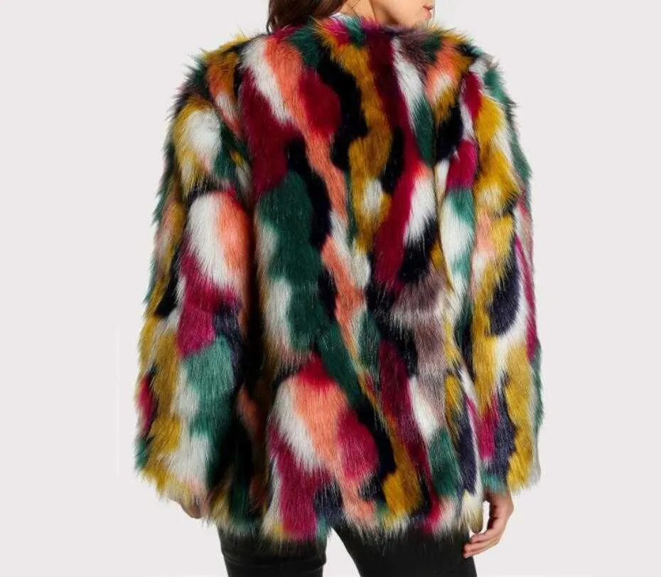 Fashion Contrast Multi Color Faux Fur Coat Długie Hairy Shaggy Outwear Kobiety Jesień Zima Krótka Kurtka Płaszcz Topy Y0829