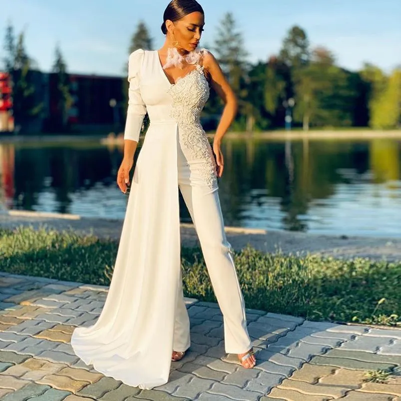 Combinaisons personnalisées robes de soirée V manches longues couches appliques en dentelle robe de bal robes nuptiales avec pantosuits vestidos de novia