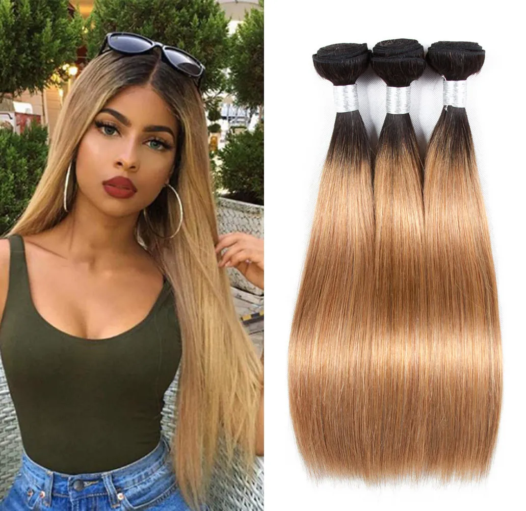 Peruvian Straight Human Hair Weaves Ombre 2 Tones 1B/27 Color Double Wefts 100g/pc Can Be Dyed Bleached