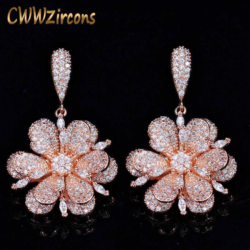 3D Géométrique Rose Or Couleur Micro Pave Cubique Zircone Pierres Dangle Goutte Fleur Boucles D'oreilles Argent 925 Bijoux CZ015 210714