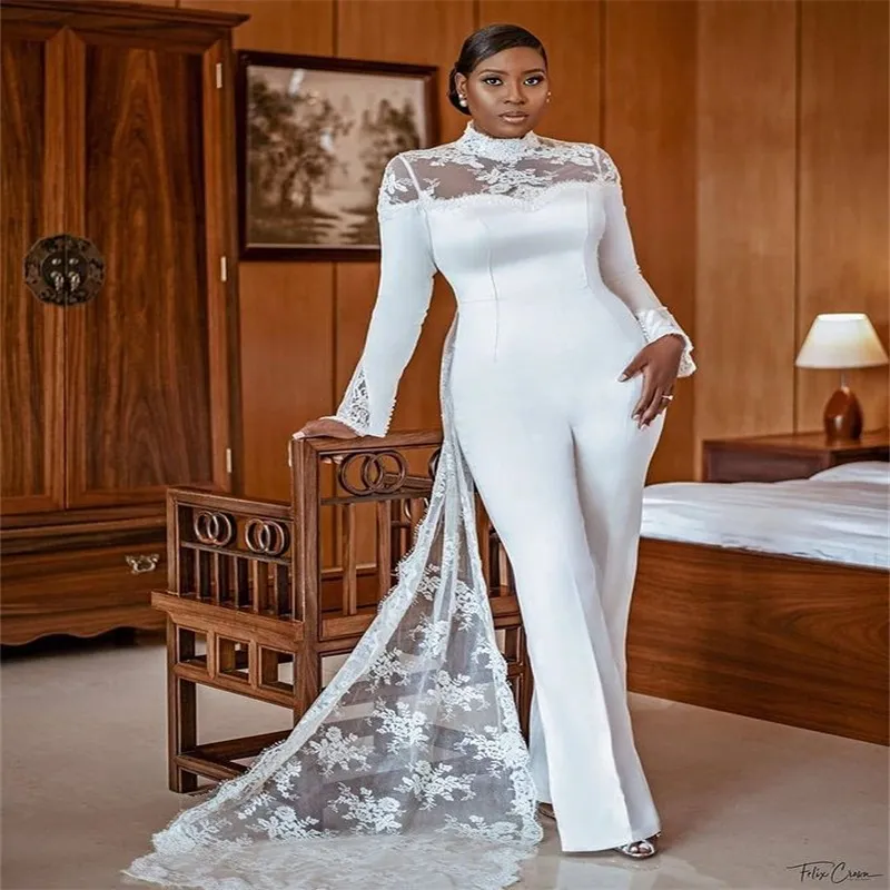 Date Jumpsuit Robes De Soirée Chic Dentelle Appliqued Manches Longues Balayage Train Formelle Robes De Soirée Sur Mesure Plus La Taille Robe De Mari￩e