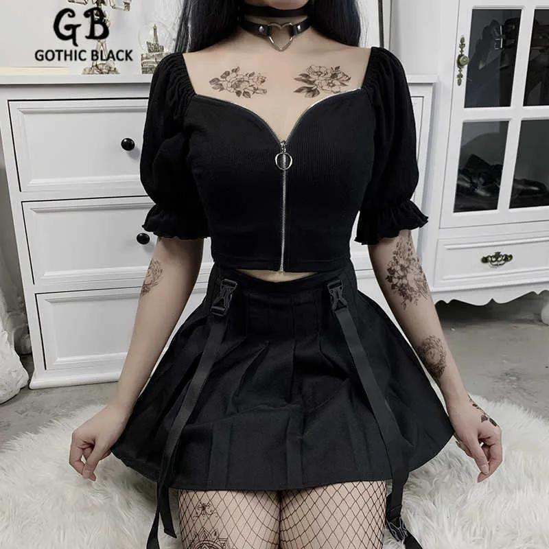 Gothblack Sexig Streetwear Smal Rygglös Crop Tops Gothic Dam fyrkantig krage Puffärm Splice Zip Kort T-shirt Toppar T200613