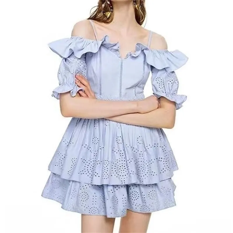 Arrive Summer Women Dress Slash Neck Off Shoulder Ruffles Hollow Out Embroidery Cake Sexy Blue Mini es 210603