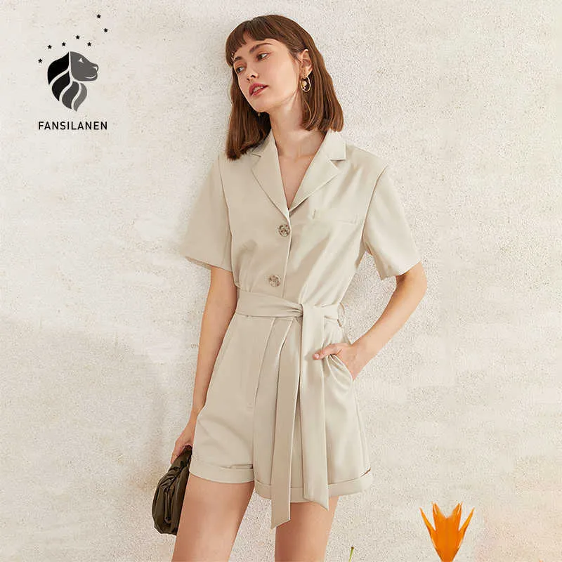 Fansilanen Sexig En Poce Jumpsuit Romper Kvinnor Kortärmad Bälte Casual Playsuit Kvinna V Neckwear Sommar Overaller 210607