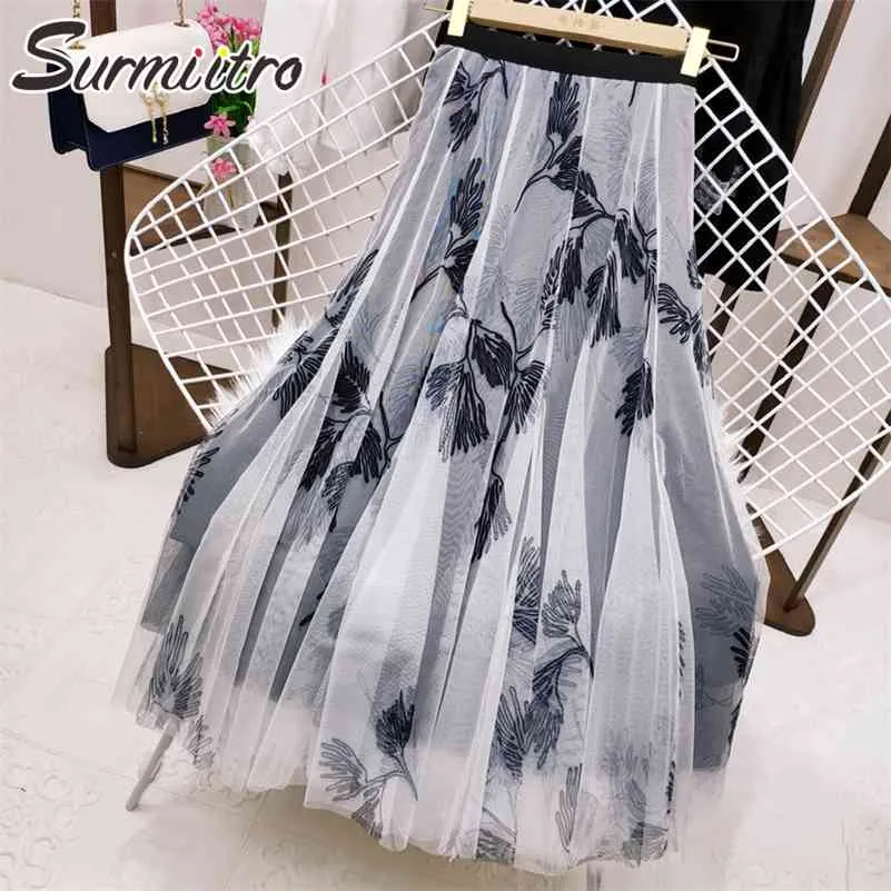 SURMIITRO printemps été longue jupe en Tulle femmes Style coréen imprimer maille taille haute esthétique Midi jupe plissée femme 210712