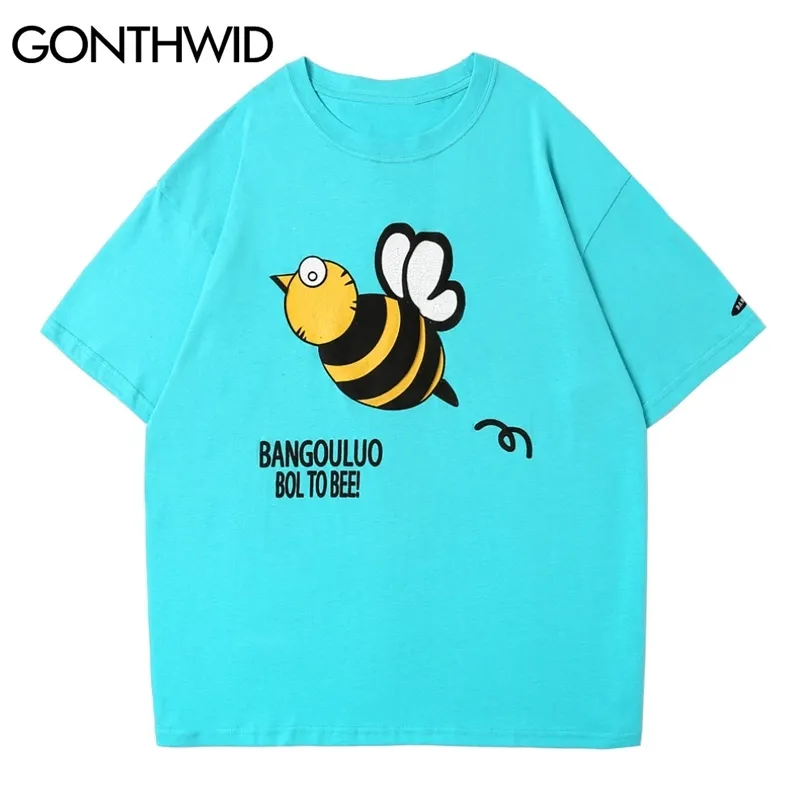 Tshirts Hip Hop Streetwear Casual Fashion Men Sommar Bee Skriv ut Kortärmad T-shirts Bomull Loose Harajuku Tees Toppar 210602