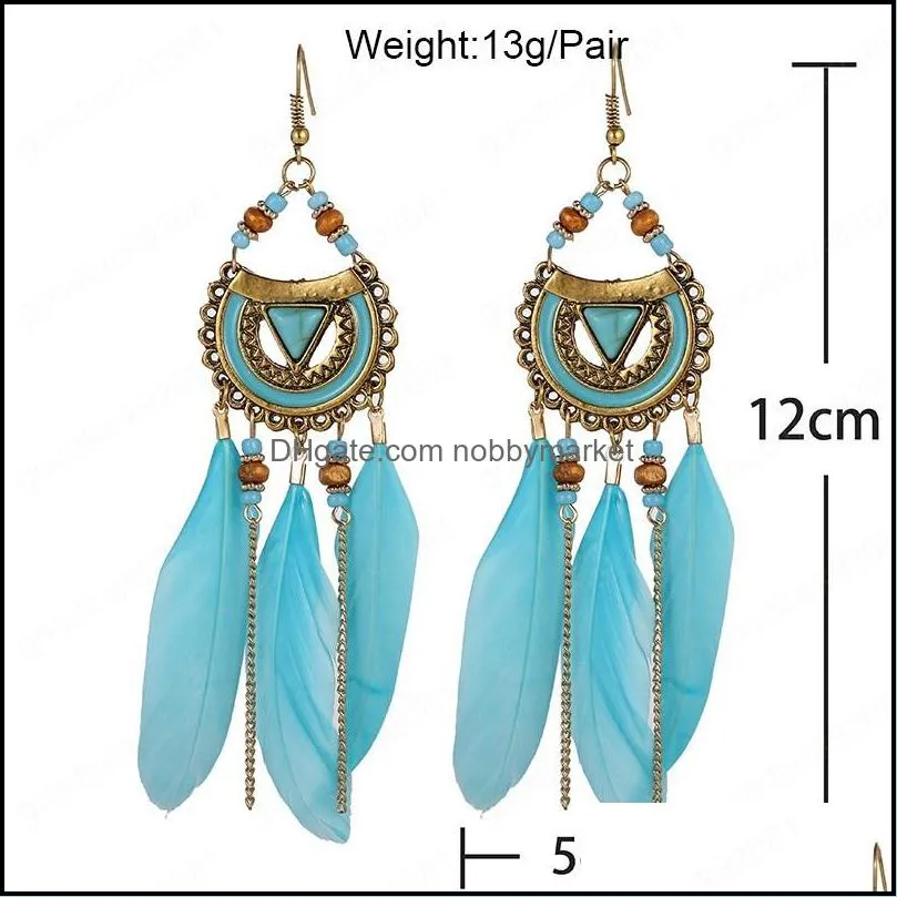 Bohemian White Semicircle Long Feather Tassel Ladies Earrings Women Summer Indian Jewelry Natural Wood Beads Dangle Earrings