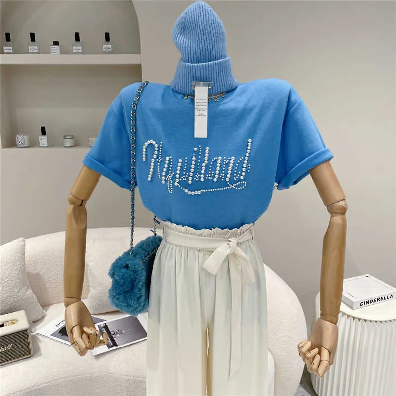 2021春と夏の女性の緩い大きいサイズの綿ラウンドネックレターヘビービーズの半袖TシャツトップシャツY0621