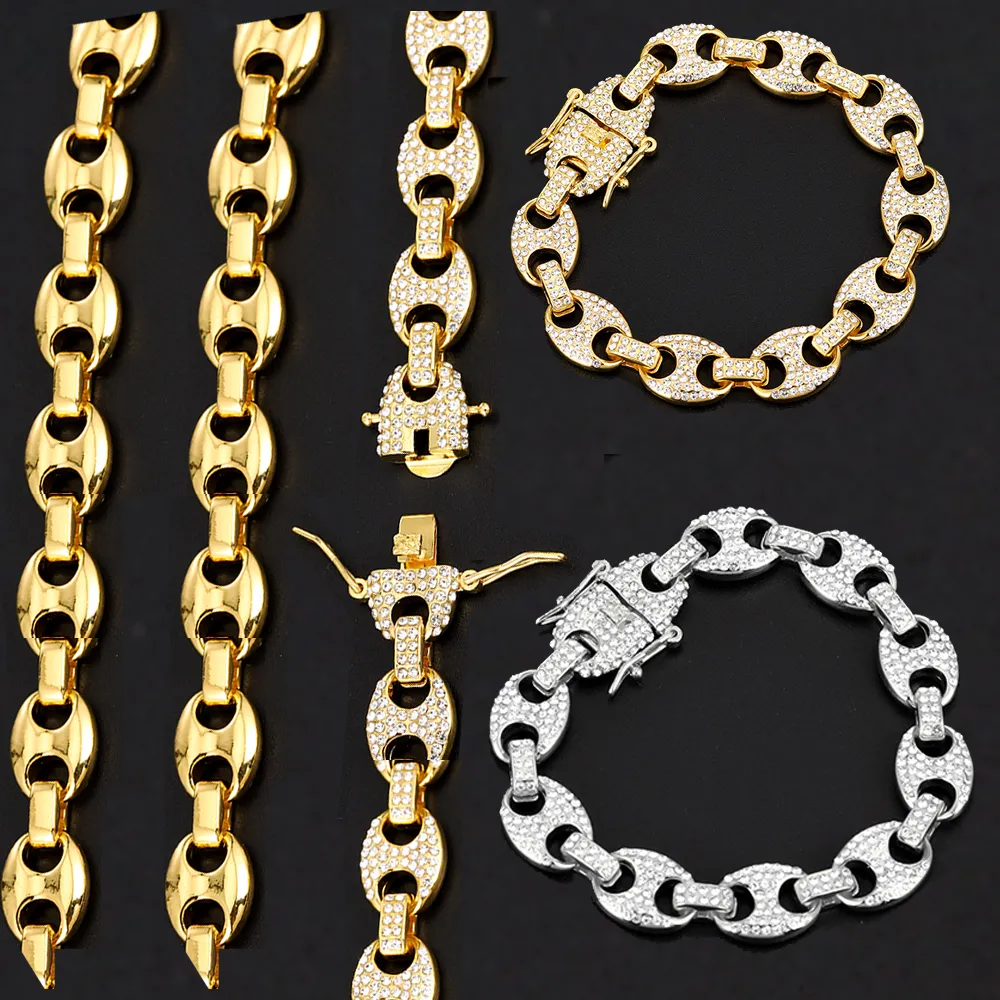 13MM 20CM Gold Plated Coffee Beans Link Chain Bracelets New Fashion Iced Out Rhinestoned Chains Wristband for Men HIP Hop Jewelry Accessories Gifts for Boyfriend