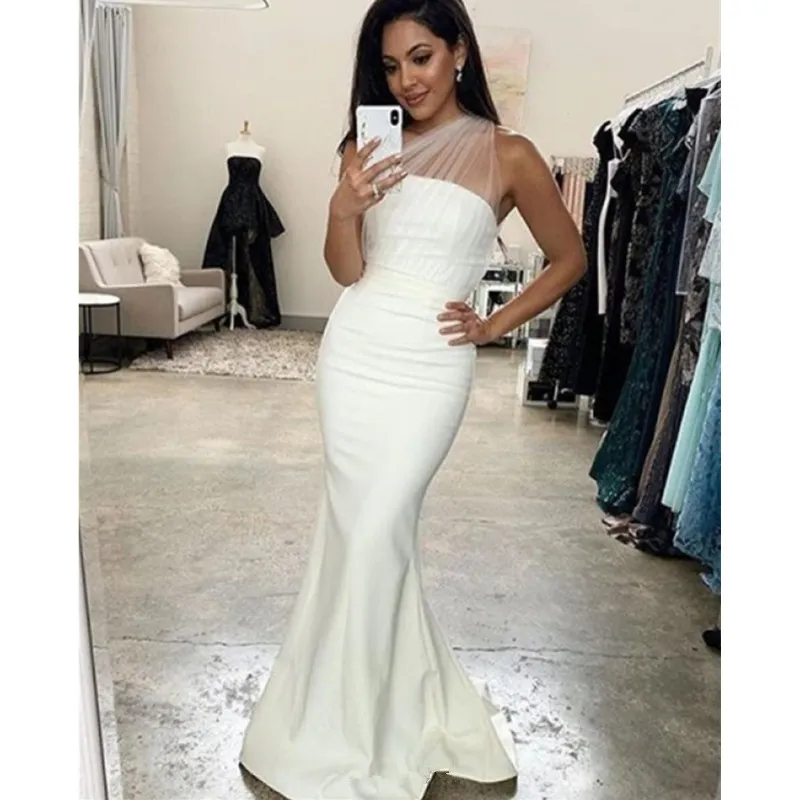 Romantic white African Prom Dresses Mermaid Style One Shoulder Sheer straps floor length Formal Eveing Gowns