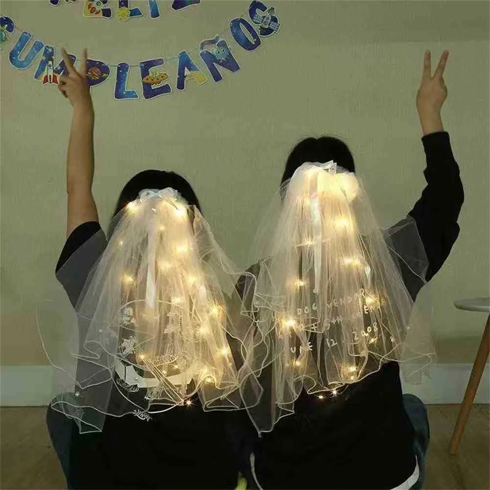 60CM LED luminous wedding veil pearls white bridal veils for kids princess party headdress mantilla yarn Fairy Ribbon Bow hair bows decor G65ECM0