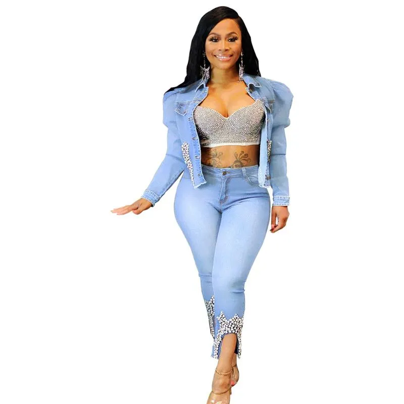 Stylish Diamond Beaded Crown Denim Suit With Tassel Detailing For