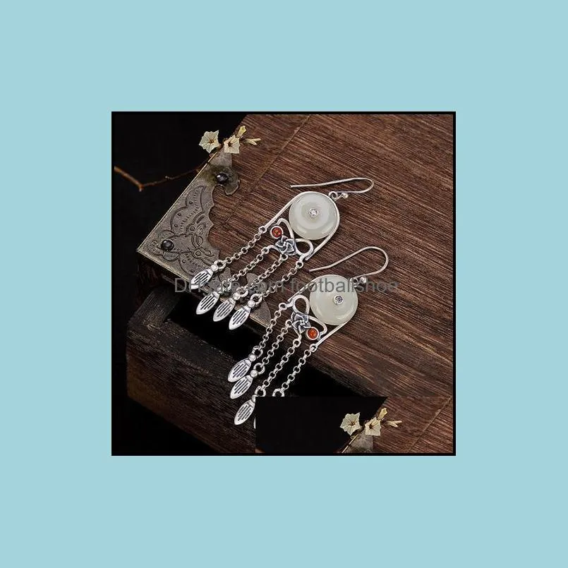 Original Design Natural Hetian Jade Safe Buckle Tassel Luxury Earrings Chinese Retro Aristocratic Charm Women`s Silver Jewelry Dangle &