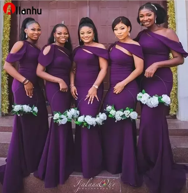 NOUVEAU! 2022 Robes de demoiselle d'honneur en satin violet sirène appliquées bretelles spaghetti robe de demoiselle d'honneur longueur de plancher plus la taille robes d'invité de fête de mariage