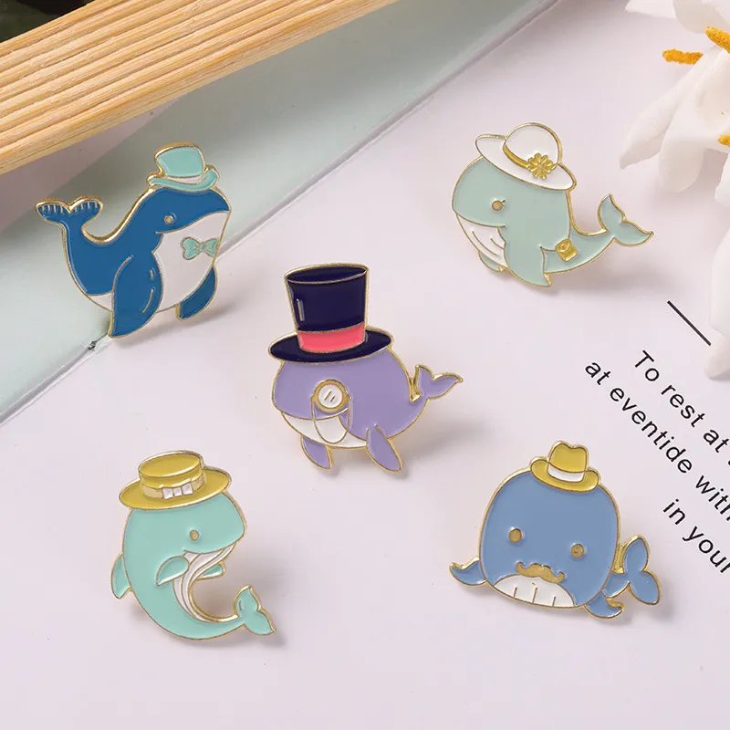 Cute Hat Whale Brooches Pin for Women Fashion Dress Coat Shirt Demin Metal Funny Brooch Pins Badges Promotion Gift Jewelry