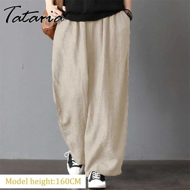 Women's Cotton Gray Pants Elastic Waisted Plus Size Pants Khaki Casual Loose Ankle-length Trousers Female Elegant Streetwear 5XL 211216